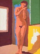 Swedish artist, oil on canvas. Female nude model in interior, modernist style.