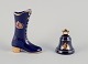 Limoges, France. Porcelain boot and table bell decorated with 22-karat gold leaf 
and a beautiful royal blue glaze. Scène galante.