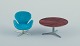 Arne Jacobsen, miniatures of the "Swan" in turquoise fabric along with a shaker 
table.