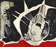 Dansk Kunstgalleri presents: "Red, black and white composition" Oil painting on canvas in a gold frame.