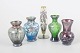 Murano, set of five hand-painted art glass vases.