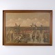 Osted Antik & Design presents: Oil Painting with Wetland, Reeds and Dog in Golden Brown Profiled Frame 75 x 105 cm