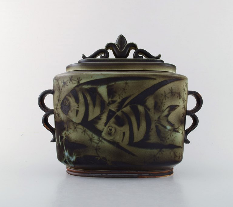 Gunnar Nylund for ALP Lidköping. Large unique hand crafted Art Deco Flambé 
lidded jar with tropical fish. 1930
