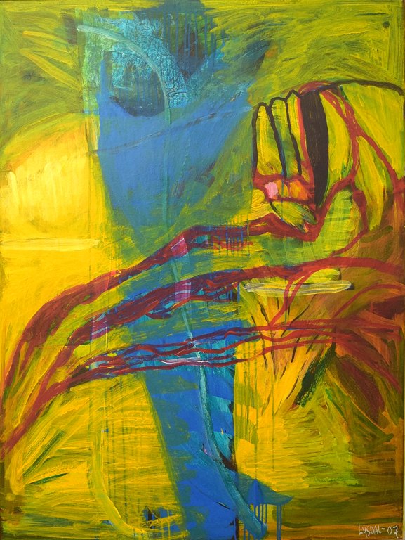 Ivy Lysdal, b 1937. Danish ceramist and painter. Acrylic on canvas.
Large and modern abstract modernist painting. Colorful palette, late 20th 
century.