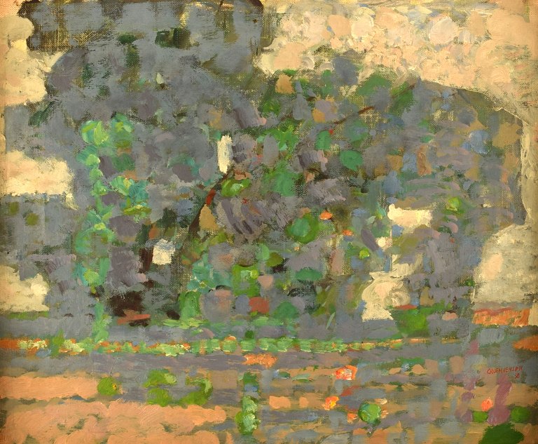 Jens Peter Groth-Jensen (1918-2018). Danish artist. Oil on canvas. "Green 
garden". Modernist landscape. Dated 1958.