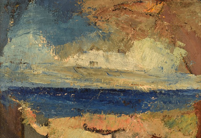 Torsten Hult (1922-2012). Svensk kunstmaler. Olie på plade. Modernistisk 
landskab. Dateret 1959.
