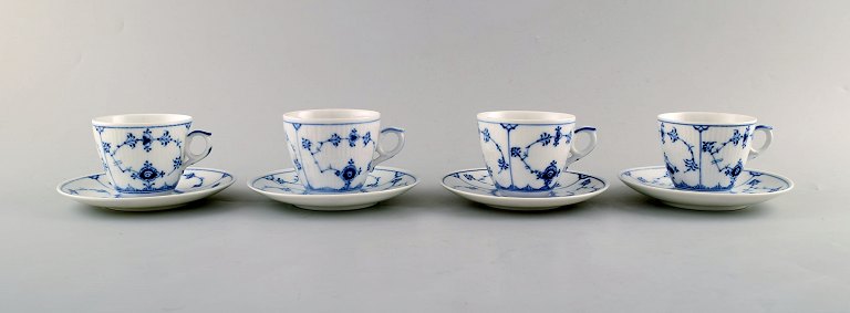 Royal Copenhagen. Set of four Blue Fluted plain coffee cup with saucer # 1/80.