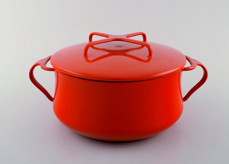Jens H. Quistgaard: Red enamel pot with lid and white inside.
Stamped Danish Designs Denmark, JHQ. 1960