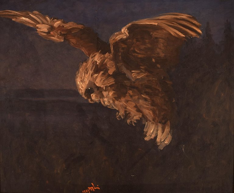 Unknown artist. Oil on canvas. Night scenery with owl. Dated 1934.
