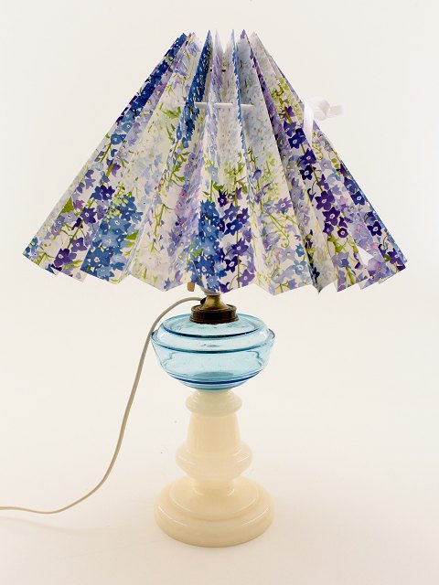 Opaline oil lamp with light blue container changed to electricity.