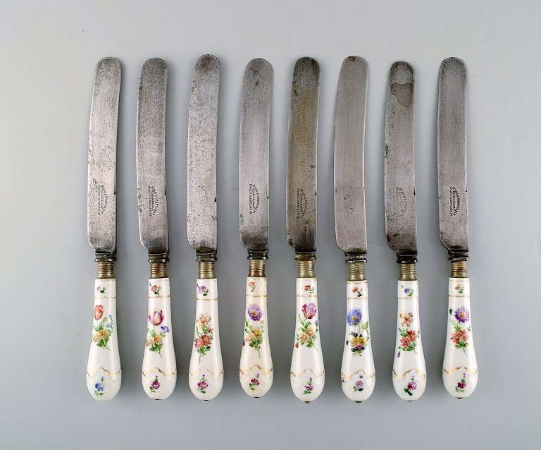 B&G, Bing & Grøndahl saksisk blomst. Sæt på 8 antikke store middagsknive. 

