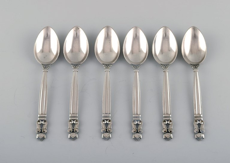 Six Georg Jensen Acorn large teaspoons in sterling silver.
