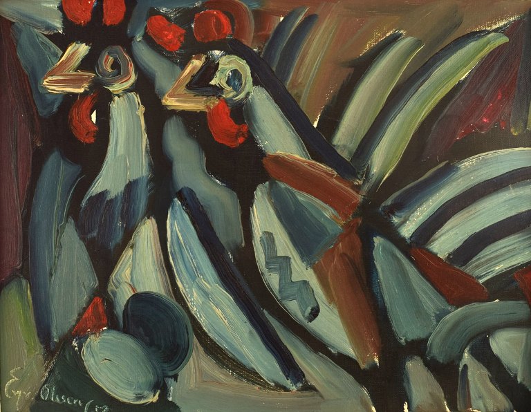 Eyvind Olesen (1907-1995), Denmark. Oil on canvas. Two roosters. Dated 1967.

