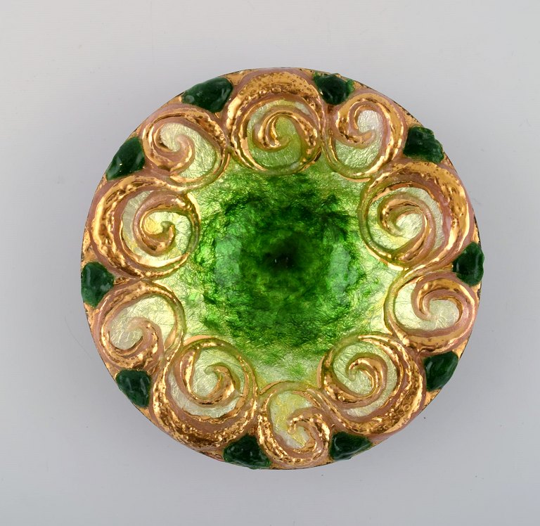 Duban Christel for Limoges. Unique bronze bowl with enamel work in gold and 
green shades. 1940s.
