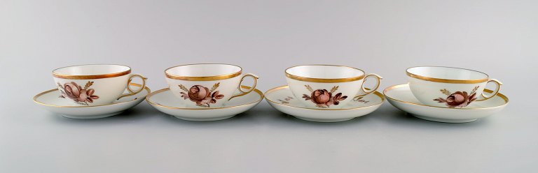 Four Royal Copenhagen Brown Rose teacups with saucers. 1930s. Model number 
688/9186.
