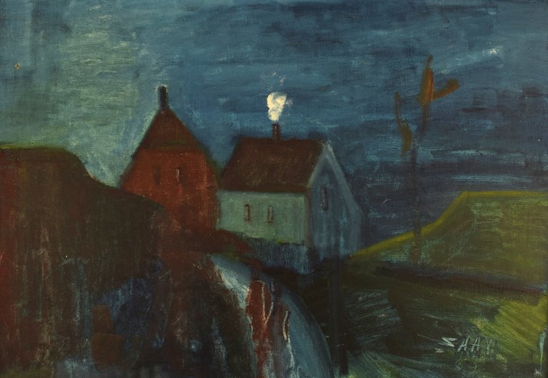 Svend Aage Tauscher (1911-1984), Danish artist. Oil on canvas. Modernist 
landscape with houses. Dated 1965.
