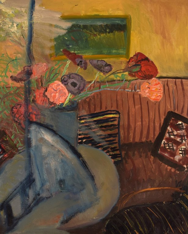 Dagny Cassel (1908-1988), Sweden. Oil on canvas. Modernist interior with 
flowers. Mid-20th century.
