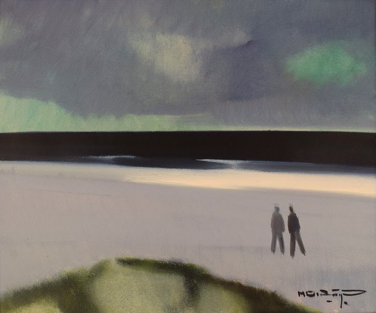 Knud Horup (1926-1973), Denmark. Oil on canvas. Modernist beach landscape with 
people. 1960s.
