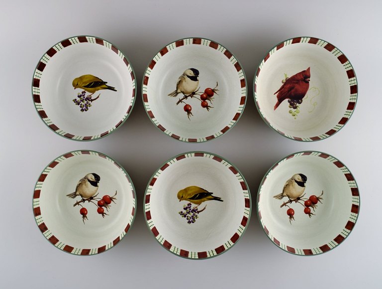 Catherine McClung for Lenox. "Winter greetings everyday". Six bowls in glazed 
stoneware decorated with mistletoe, birds and red ribbon. Approx. 2000.
