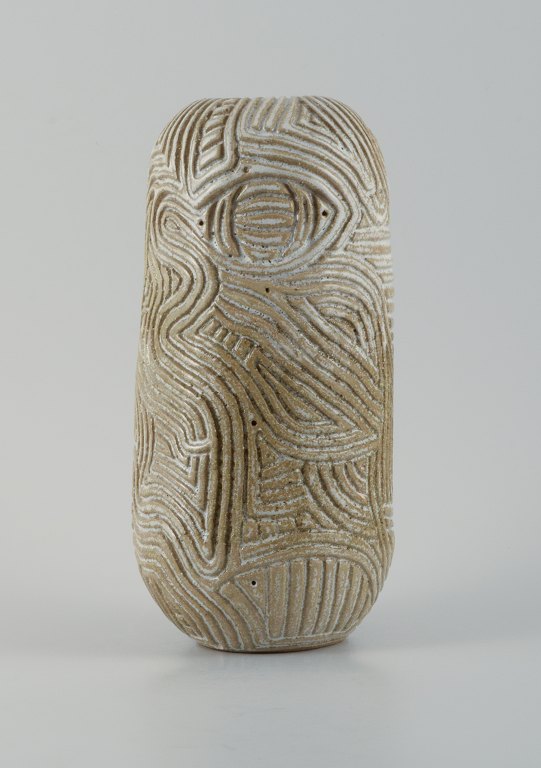 Christina Muff, Danish contemporary ceramicist (b. 1971). Unique, handcarved vase in stoneware clay. Covered in a shiny, semi transparent glaze with white flakes.