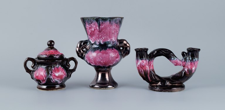Vallauris, France, Lidded bowl, two-armed candlestick and a vase.