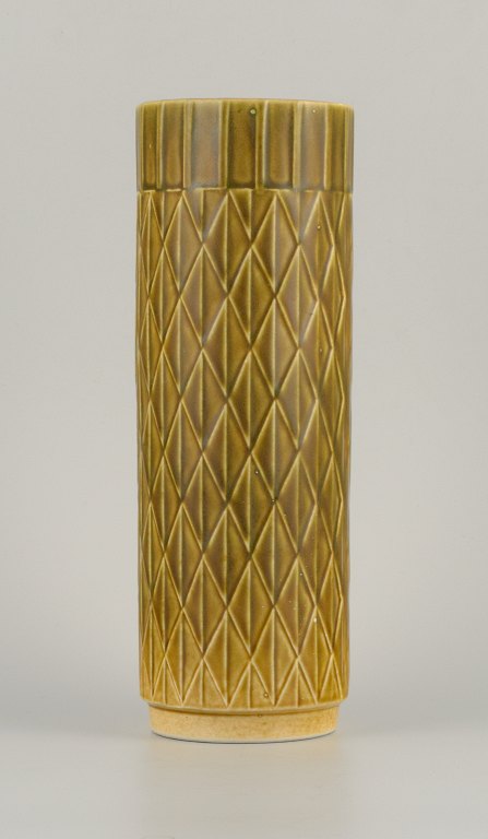 Gunnar Nylund for Rörstrand, "Eterna" cylindrical ceramic vase with green 
geometric pattern.