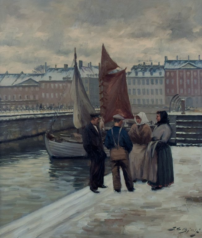 Søren Christian Bjulf (1890-1958), Danmark. Fiskekoner i samtale med fiskere på 
Gammel Strand i København.