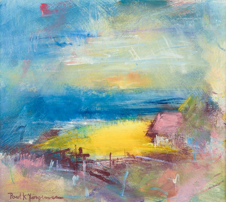 Poul K. Jörgensen, listed Swedish artist, oil on board.
”Landskap m. raps” (Landscape with rapeseed).