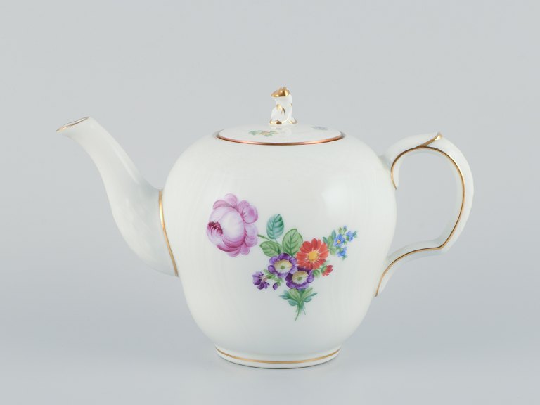 Royal Copenhagen, Saxon Flower, a teapot hand-decorated with polychrome flowers 
and a gold.