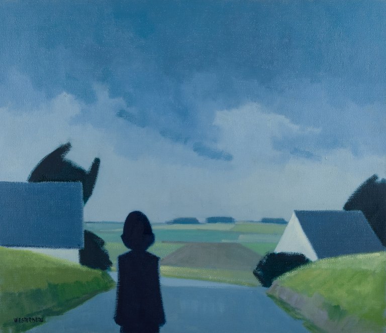 K. Westerberg, also known as Knud Horup, listed Danish artist, oil on canvas. 
Modernist style. Landscape with figure on road.