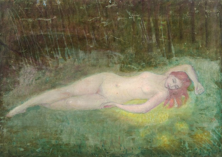 Louis Picard (1861-1940) well listed French artist, oil on canvas. Portrait of a 
young beautiful reclining nude woman.