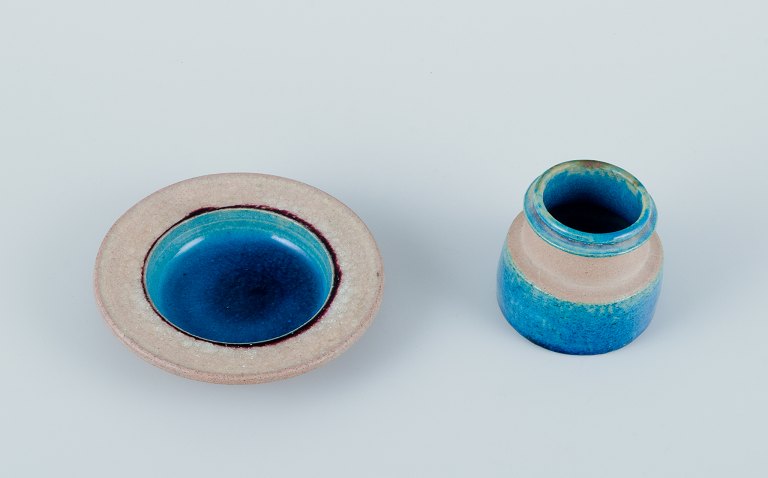 Nils Kähler for Kähler. Small ceramic bowl and small vase with turquoise glaze.