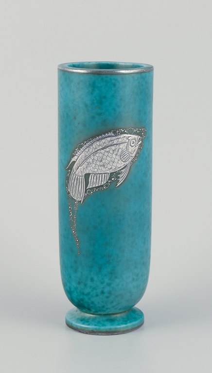 Wilhelm Kåge (1889-1960) for Gustavsberg, Sweden.
Art Deco ceramic vase with silver fish motif decoration.