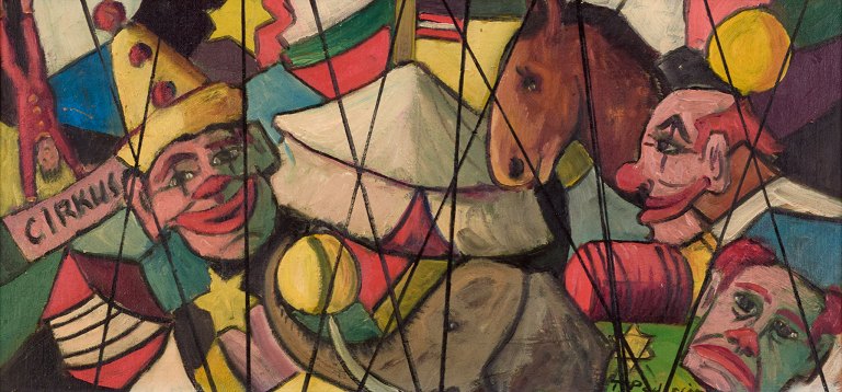 Swedish artist. Oil on board. Circus motif with clowns, horses, and elephants.
"Circus."