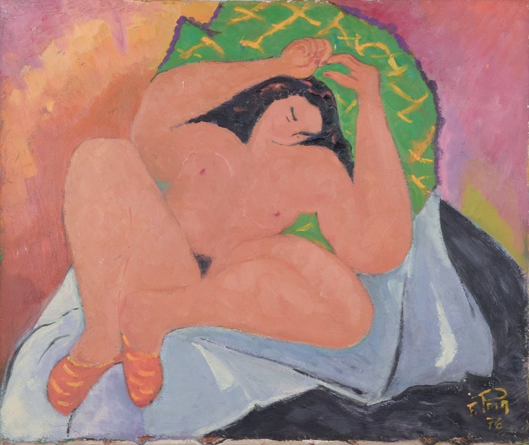 F. Prin, French artist. Oil on canvas. Reclining nude woman. Inspired by 
Matisse. Colorful palette.