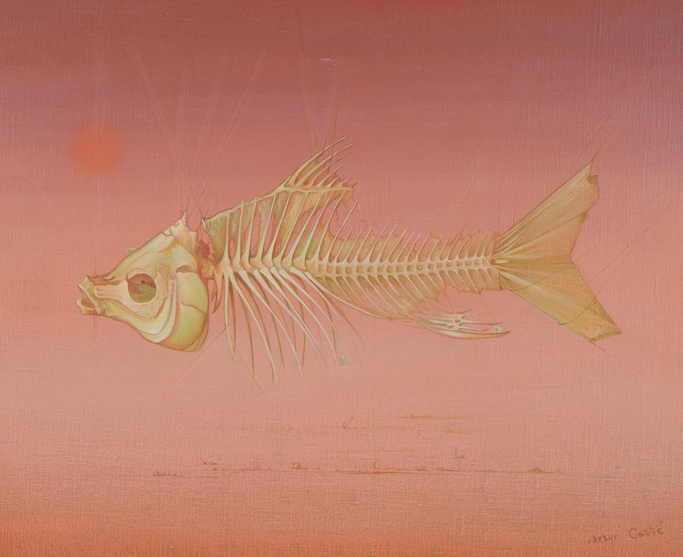 Serge Carre, fransk kunstner, olie på lærred.
Surrealistisk opstilling med fiskeskelet.