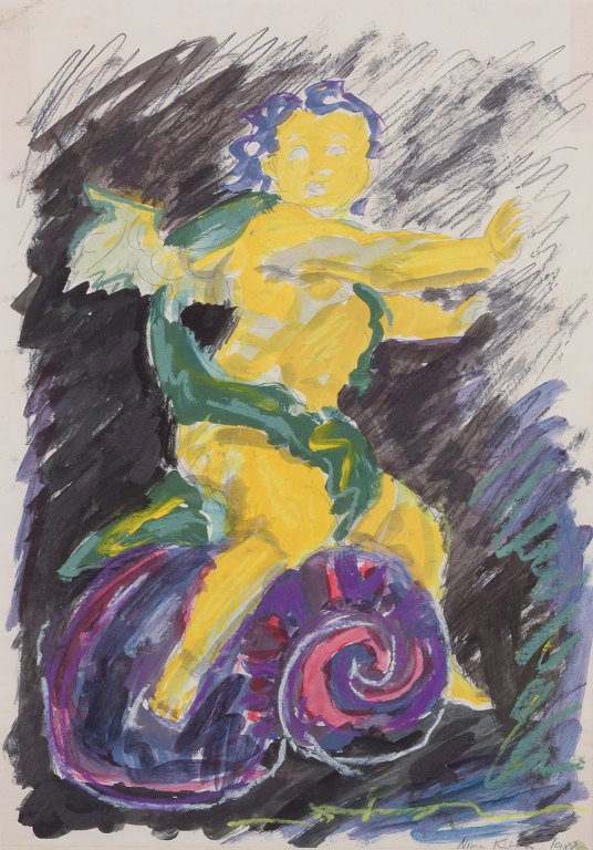 Nina Kleivan, Norwegian-Danish artist, born 1960. Gouache on paper.
Depiction of putti with expressive strokes.