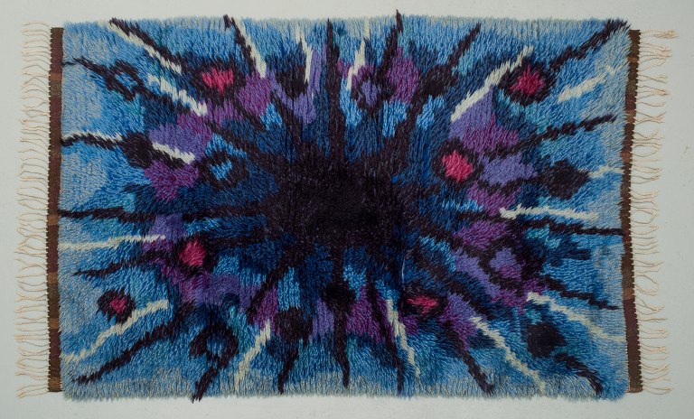 Swedish textile designer. Handmade rya carpet of pure cotton. Blue and violet 
colors.