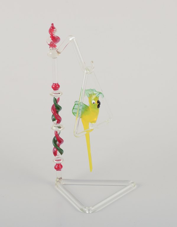 Murano, Italy. Rare sculpture of a parrot hanging on a stand.
Mouth-blown art glass.