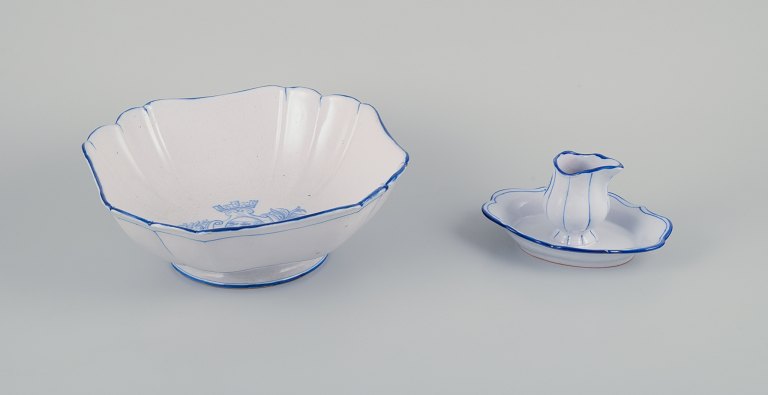 Emile Gallé for St. Clement, Nancy, France. Large square bowl and a sauce 
pitcher in hand-painted faience.