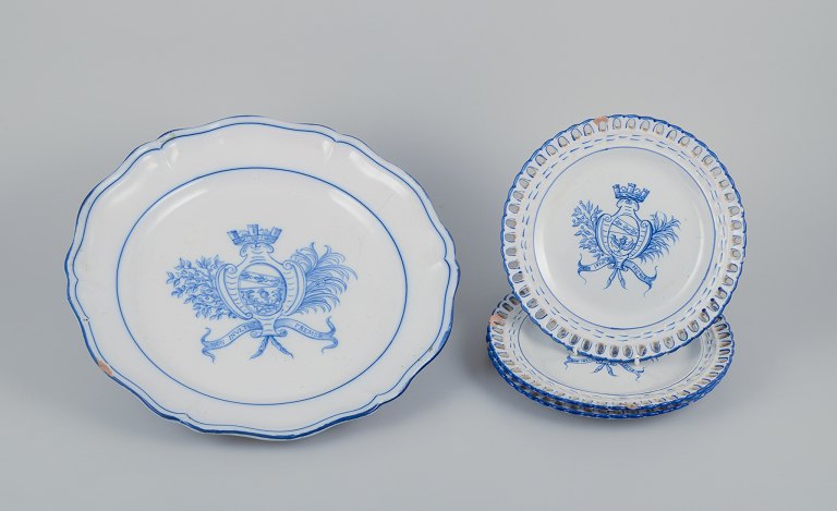 Emile Gallé for St. Clement, Nancy. A large round serving platter and three open 
lace plates in hand-painted faience.