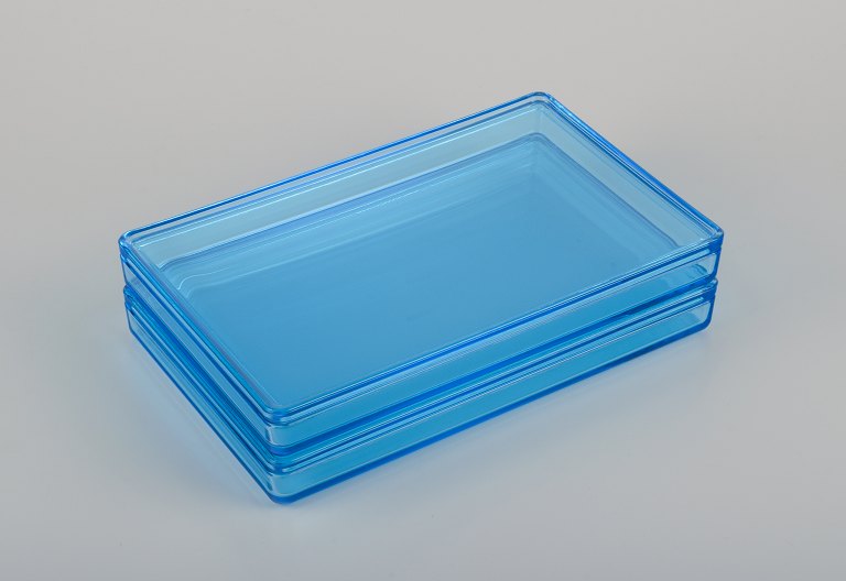 Rauff & Møldrup for Holmegaard. Two large Thurø storage boxes in turquoise blue 
art glass.