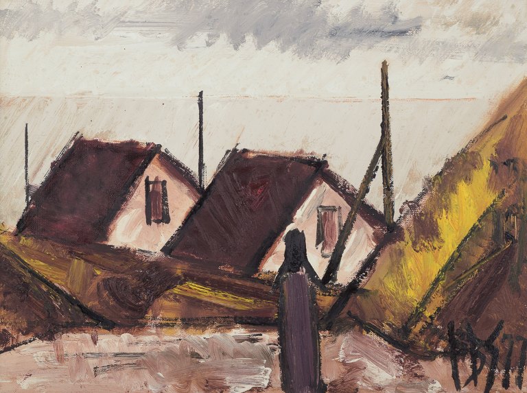 Peder Brøndum Sørensen (1931-2003), Danish painter, oil on canvas.
Modernist cityscape.