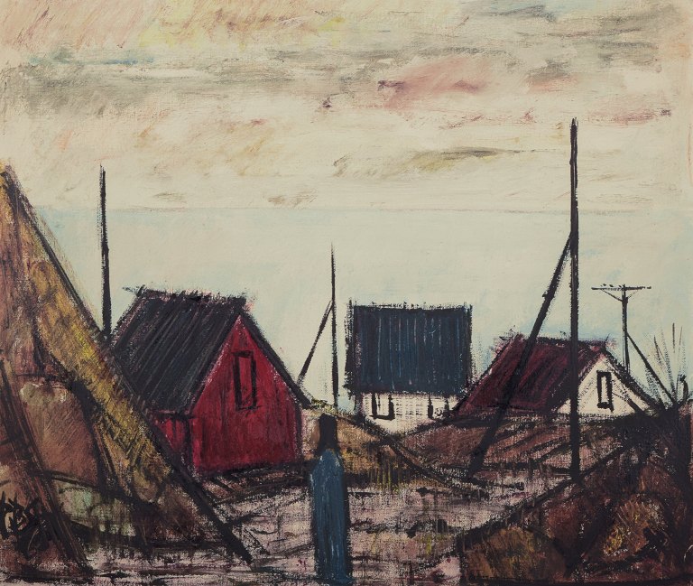 Peder Brøndum Sørensen (1931-2003), Danish painter, oil on board.
"Houses by the Sea."