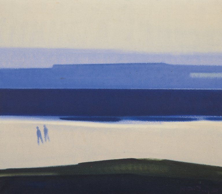 Knud Horup (1926-1973), Danish artist, oil on canvas. Figures on the beach.