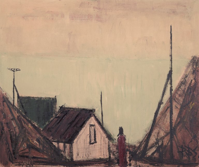 Peder Brøndum Sørensen (1931-2003), Danish painter, oil on canvas.
"Houses by the Sea".