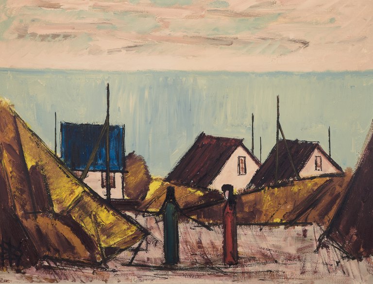 Peder Brøndum Sørensen (1931-2003), Danish painter, oil on canvas.
"Houses by the Sea".
