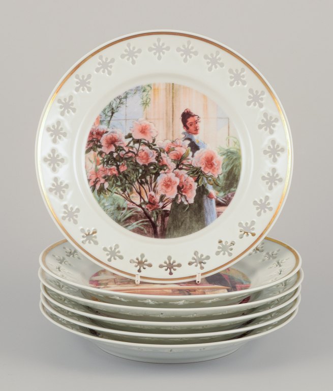 Bing & Grøndahl, Denmark. A set of six porcelain plates featuring motifs from 
Carl Larssons paintings.