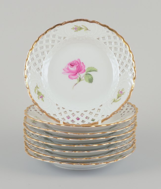 Meissen, Germany.
A set of eight "Pink Rose" reticulated plates.