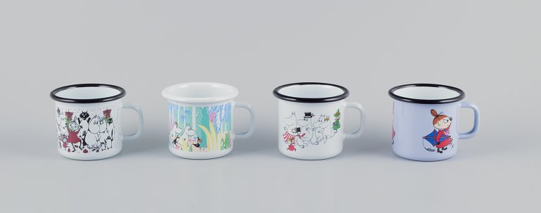 Muurla, Finland. 
Four enamel mugs with different motifs from the Moomin troll universe.